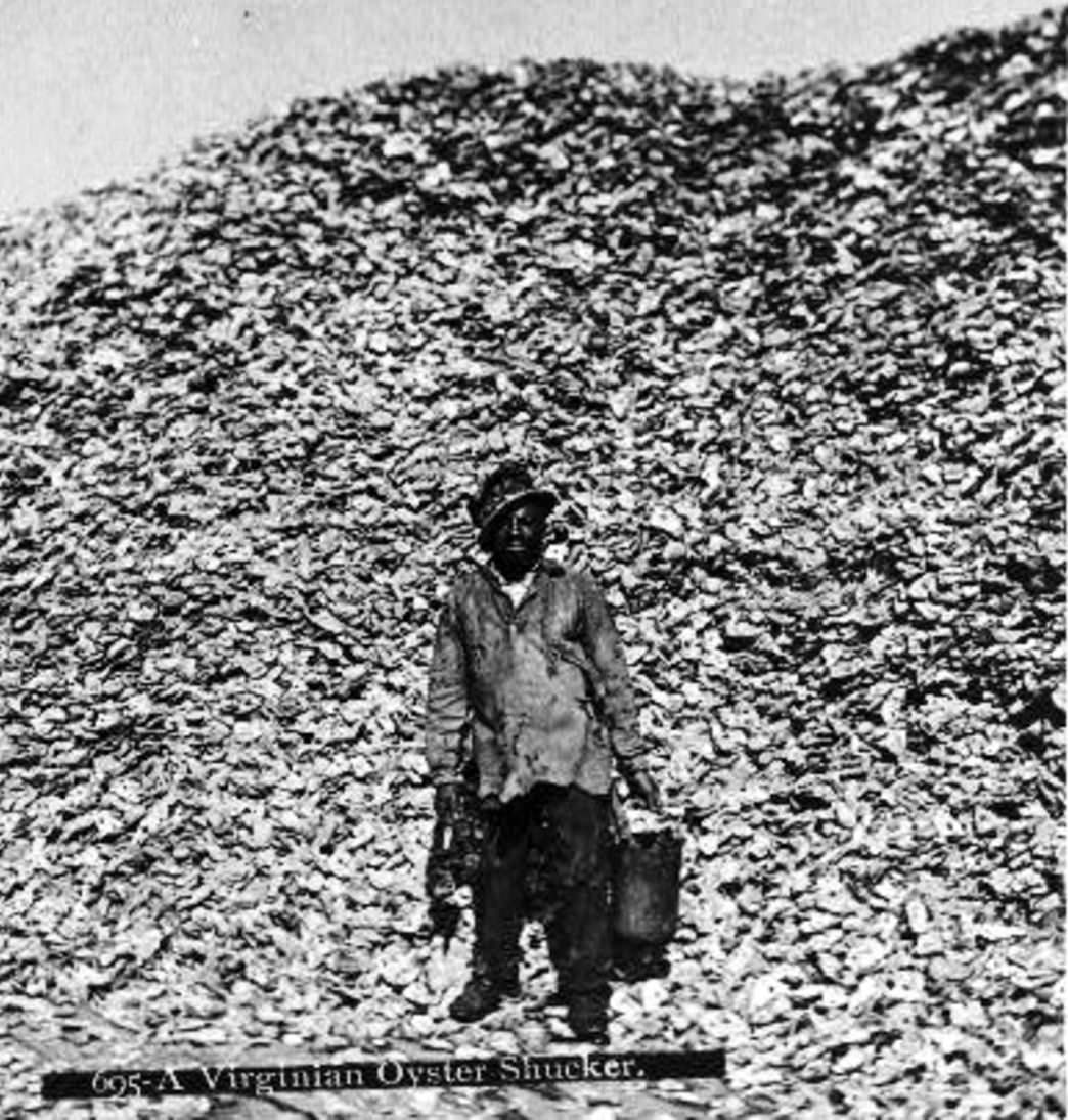 An oyster shucker stands in front of an enormous pile of shells. Courtesy of Visit Eastern Shore, Virginia